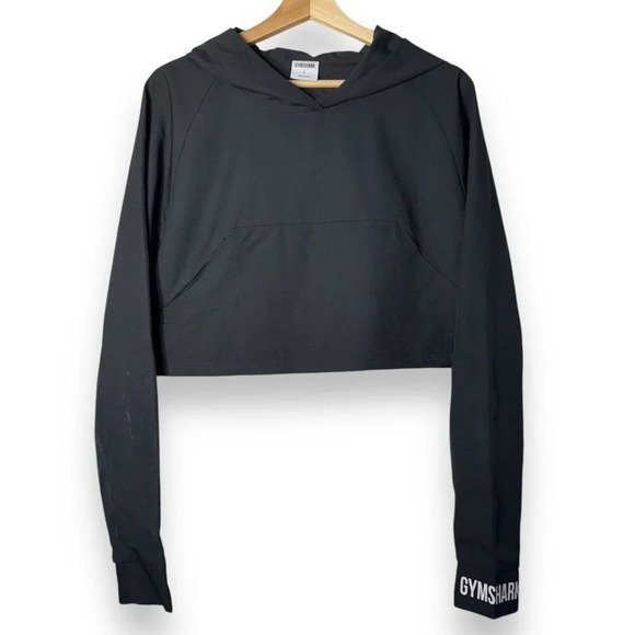 Gymshark Women’s Large Black Cropped Hoodie Minimalist Zip Pockets Gym Athletics - Picture 2 of 9
